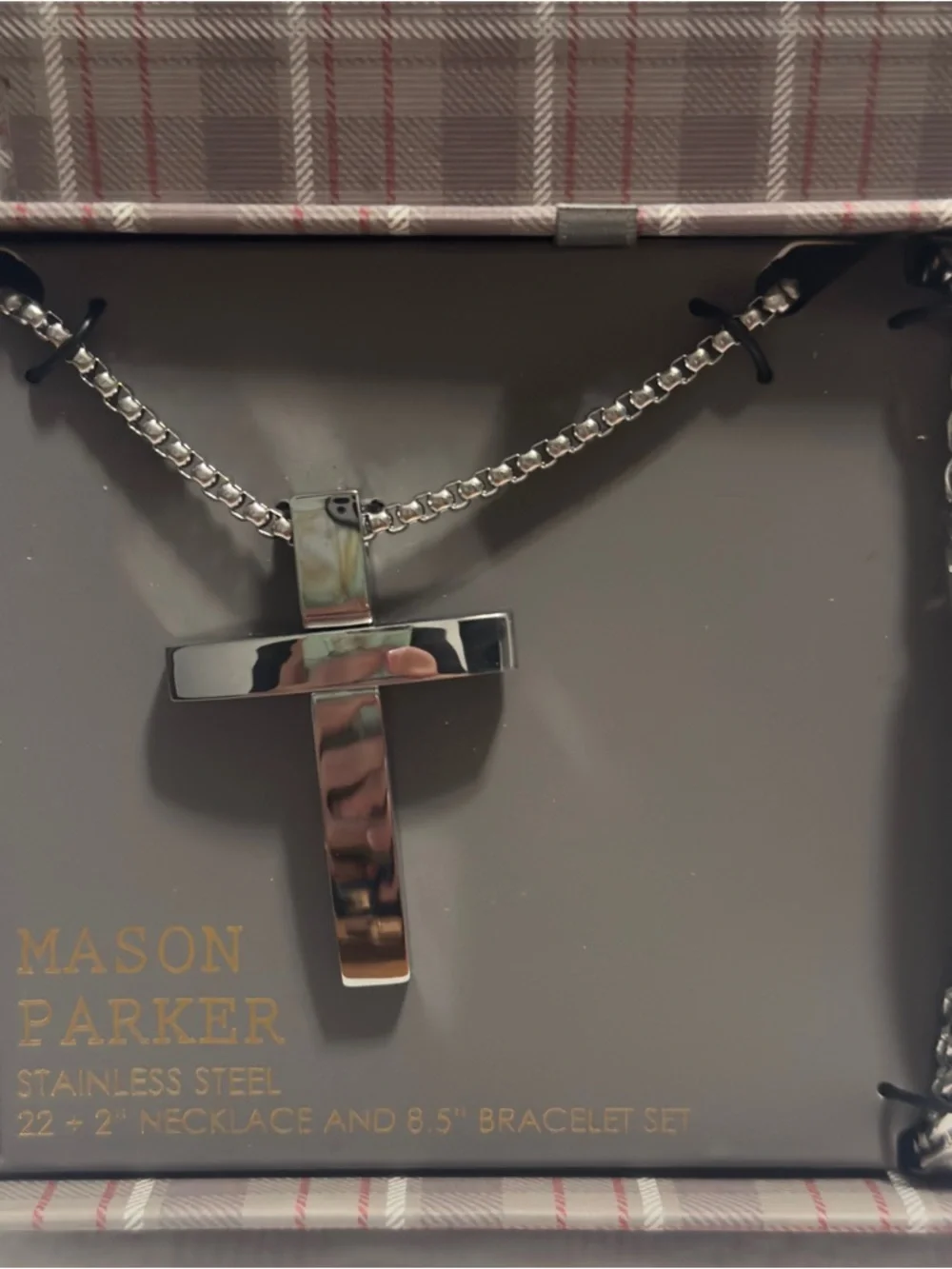 NEW Mason Parker Stainless Steel Men’s Cross Necklace & Bracelet Set